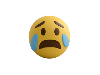 A sad and crying emoji face with blue tears streaming down its cheeks isolated on transparent background