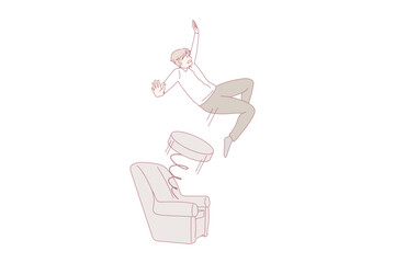 Male employee pushed out from chair with spring. Man worker dismissed fired from job in company or corporation. Firing and dismissal concept. Unemployment. Flat vector illustration.