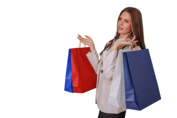 Elegant woman shopping, carrying colorful paper bags, enjoying retail therapy and sales, transparent background