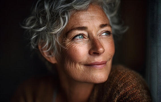 Smiling thinking pensive senior woman casual portrait at home, thoughtful face of elderly female looking away, daydreaming, pondering, dreaming alone at home, planning in positive emotion, suggestion