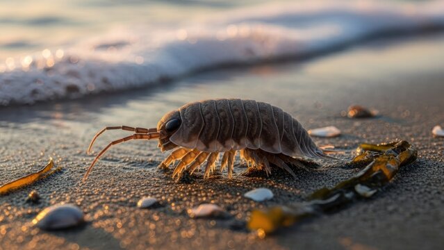 A small, brown, segmented crustacean with a shell-like body crawling on a sandy beach near the ocean.