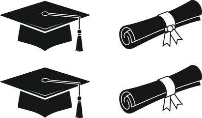 Graduation cap and diploma scroll icon set, vector illustration of black academic mortarboard and certificate rolled with ribbon, isolated symbols for university degree