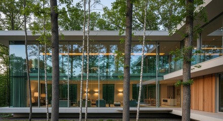 Modern glass house blending seamlessly with natural forest environment