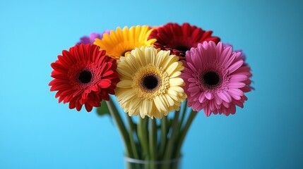 Colorful gerbera daisies in vase against teal
