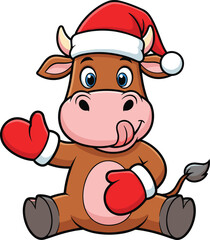 Playful cartoon cow in Santa hat and mittens, festive Christmas character illustration, cheerful holiday animal vector, cute seasonal design