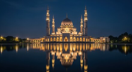 Majestic mosque glowing at night reflected in calm water
