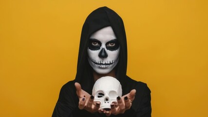 Video A woman wearing skeletal makeup holds a skull - Powered by Adobe