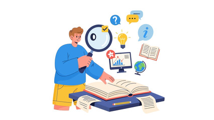 Focused student deeply engaged in learning and research, analyzing books and digital data to gain comprehensive knowledge and insights