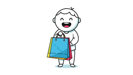 Cheerful doodle character holding colorful shopping bags. A simple vector icon of a happy customer enjoying a sale or purchase