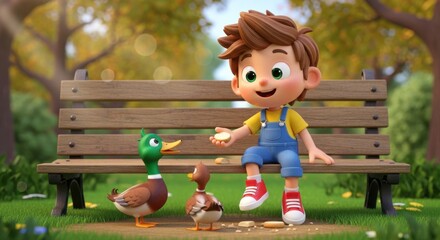 Happy cartoon boy feeding ducks on a park bench