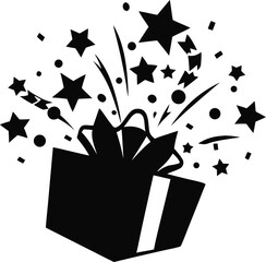 Gift box exploding with confetti shaped like stars. black Silhouette , white background