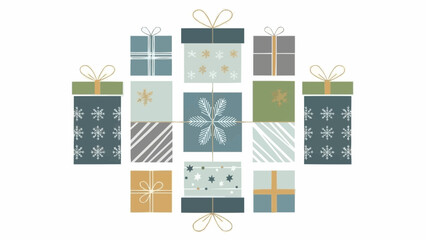 Arrangement of christmas presents with snowflakes and stars in various colors and patterns design layout