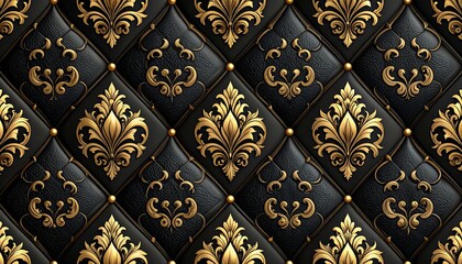 Obraz premium Luxurious Black Tufted Leather with Golden Baroque Pattern and Ornate Floral Motifs, Elegant Black and Gold Upholstery Background
