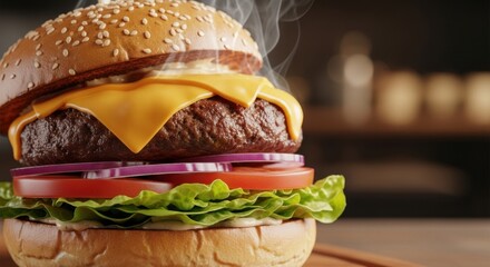 Delicious Hot Cheeseburger with Fresh Ingredients Ready to Eat
