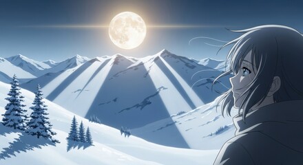 Anime girl gazing at a luminous full moon over snowy mountains
