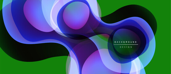 Abstract fluid shapes overlap, creating vibrant color gradients. Green background enhances dynamic visual effect. Modern design element.