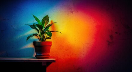 Potted plant on wooden shelf with vibrant colorful gradient wall