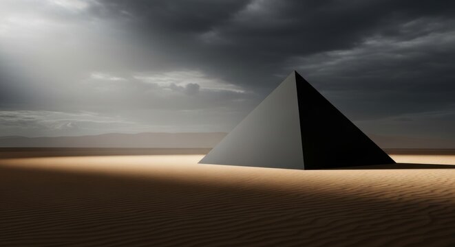 Mysterious Black Pyramid in Desert under Dramatic Sky - Powered by Adobe