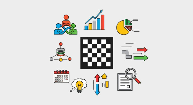 A collection of business and data analysis icons surrounding a chessboard.