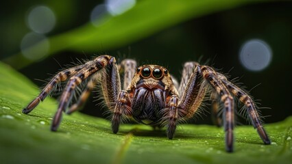 A spider with long legs and black and brown markings on a green leaf with water droplets.