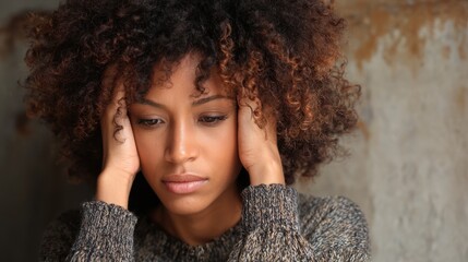 A woman with beautiful curly hair appears to be lost in thought resting her hands on her head. The warm lighting and cozy atmosphere create an intimate feeling showcasing her emotions.