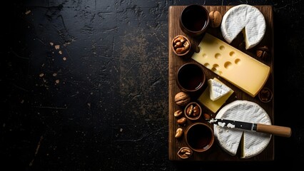 Cheese board with wine nuts and knife on dark textured background wooden board