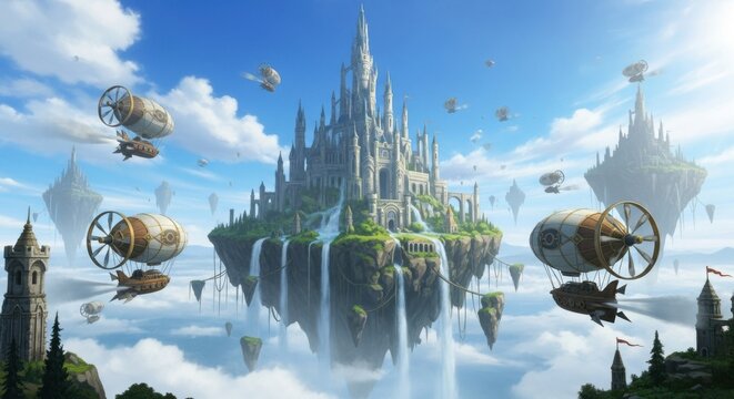 Epic Fantasy Castle City on Floating Islands with Airships
