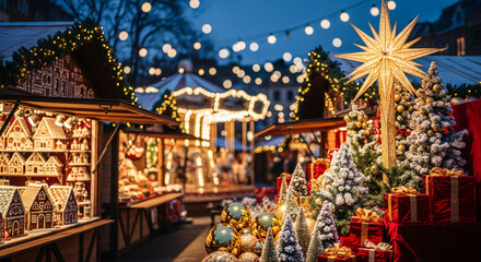Fototapeta premium Festive market scene with gingerbread houses, trees, gifts and star decoration, representing holiday, celebration, tradition and festive atmosphere