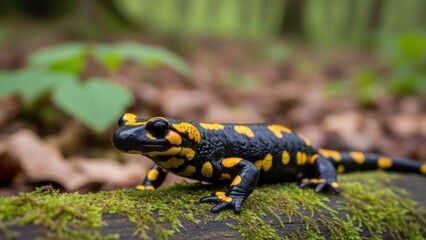 Fototapeta premium A black and yellow spotted salamander on a mossy log in a forest with green leaves in the background.