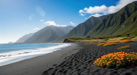 Vibrant Orange Flowers Adorn Black Sand Beach by Green Mountains