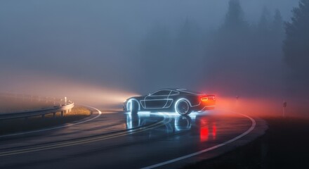 Futuristic Neon Car Driving Through Foggy Night Road