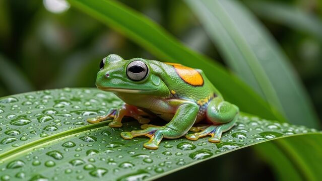 A green frog with orange spots sitting on a leaf with water droplets.