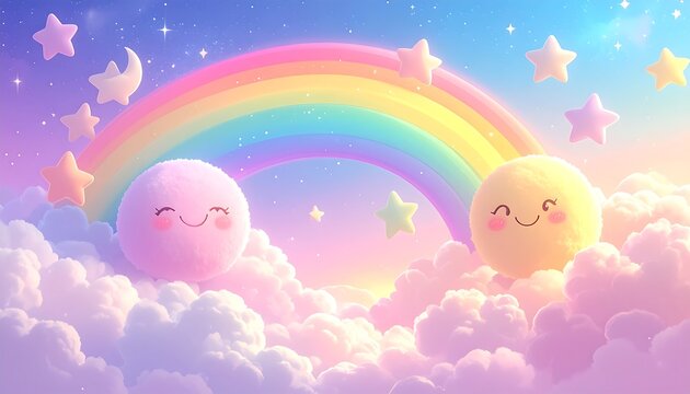 Cute Dreamy Pastel Landscape with Happy Fluffy Cloud Characters, Rainbow, and Stars - Powered by Adobe