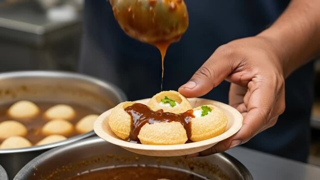 Street vendor prepares delicious golgappa with tamarind sauce