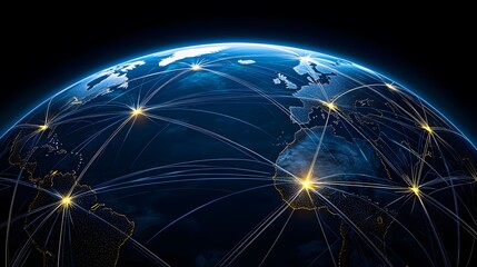 The image shows an illustration of the Earth illuminated on a dark background with bright connection lines spreading across major areas and continents.