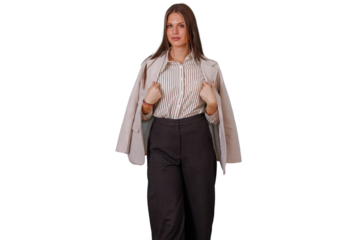 Confident businesswoman posing in professional outfit, embracing management success and corporate leadership on transparent background