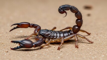 A scorpion on a sandy surface with its tail curled.