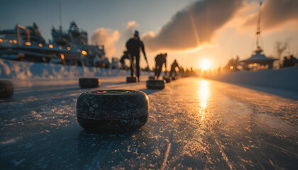 People enjoy winter activity game curling on ice rink outside. Friends play sport with stones and brooms. Teams compete at sunrise. Players slide rocks to target house.