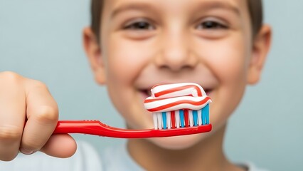 Happy child with a red toothbrush and toothpaste ready to brush teeth