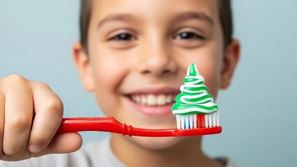 Smiling boy holding a toothbrush with toothpaste shaped like a Christmas tree