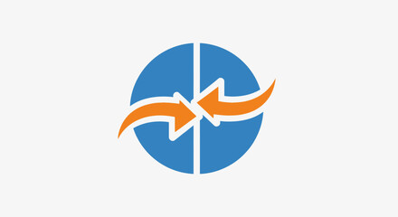 Circular logo with two orange arrows pointing in opposite directions, set against a white background.