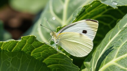 A cabbage butterfly perched on a cabbage leaf with water droplets on it.