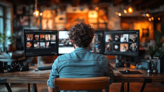 Creative professional edits photos at multiple monitors - Powered by Adobe