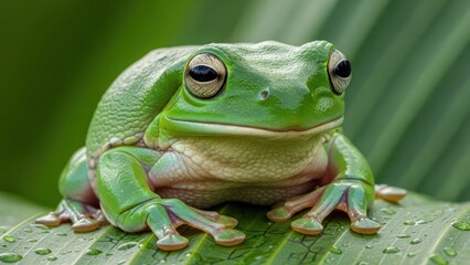 Obraz premium A green frog with large, round eyes sitting on a leaf with water droplets.