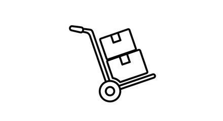 Simple line drawing of a hand truck carrying two stacked cardboard boxes.