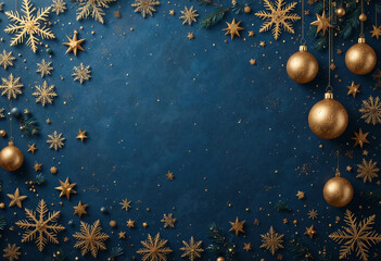 Explore elegant Christmas decorations on a deep blue background, featuring golden snowflakes, ornaments, and stars. Perfect for crafting holiday ambiance and seasonal celebrations. 3d rendering.
