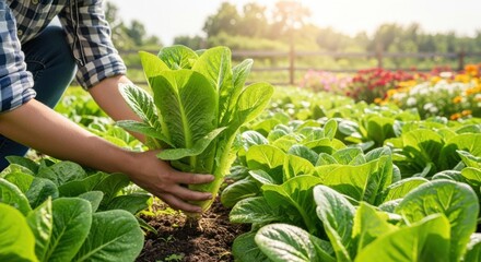 Person harvesting fresh lettuce from an organic garden under sunny sky
