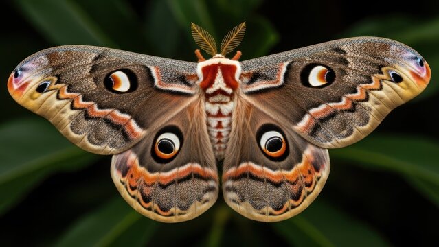 A large, colorful moth with intricate patterns on its wings, perched on a green leaf with a blurred background.