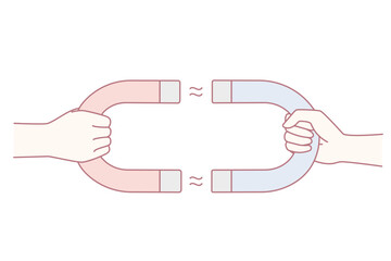 People holding magnets getting attracted to each other. Tension or attraction between man and woman. Client retention. Vector illustration.