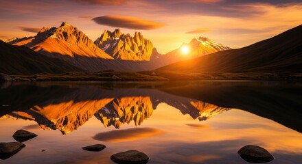 Golden Mountain Peaks Reflected in Serene Lake at Sunrise